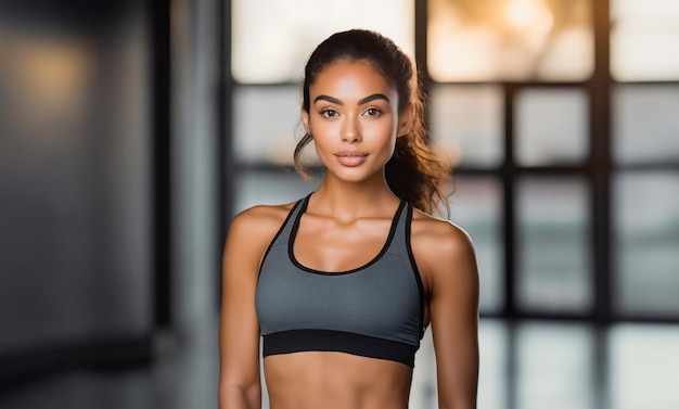 Photo une belle femme portant un soutien-gorge sportif avec des cheveux en queue de cheval