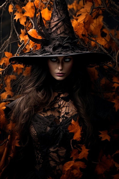une belle femme portant des vêtements de sorcière pour la célébration d'Halloween