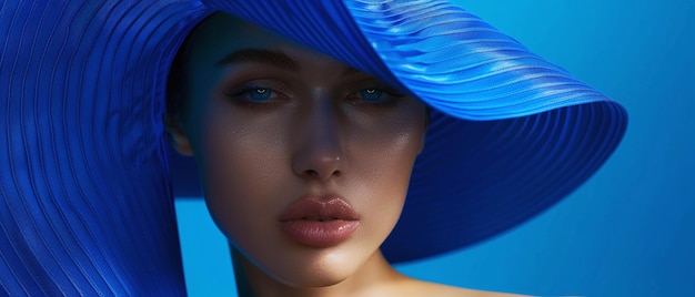 Une belle femme porte un chapeau bleu.