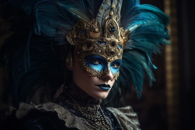 Une belle femme porte un masque de carnaval élégant sur un fond noir