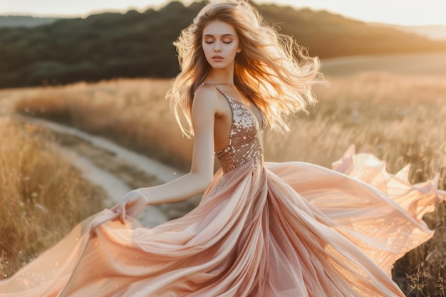 Une belle femme porte une robe maxi avec des paillettes dorées roses.