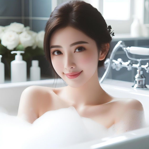 Une belle femme prenant un bain dans une baignoire avec de la mousse à l'intérieur