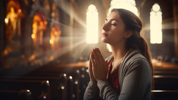 Une belle femme prie dans l'église.