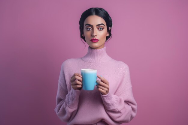 Belle femme en pull rose tenant une tasse de café bleue