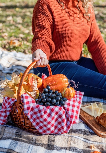 Belle femme en pull rouge sur un pique-nique dans une forêt d'automne