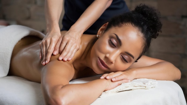 Une belle femme qui fait un massage du dos et se sent visiblement bien pendant le massage à l'huile