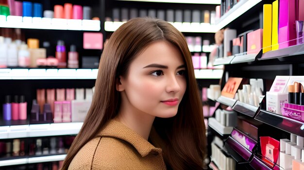 Photo une belle femme qui fait ses courses dans un magasin de cosmétiques et de beauté.