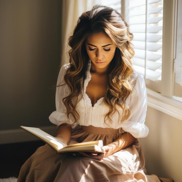 Une belle femme qui lit un livre près d'une fenêtre.