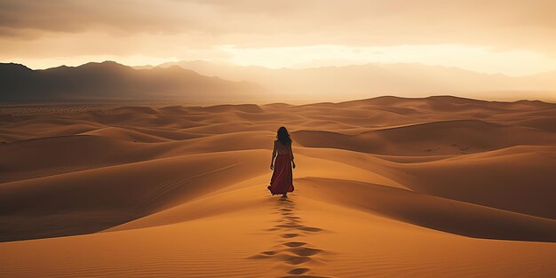 Une belle femme qui marche sur une dune jaune blanche Nature vacances en plein air paysage arrière-plan Art graphique