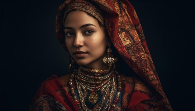 Une belle femme regardant la caméra en vêtements traditionnels et bijoux générés par l'intelligence artificielle