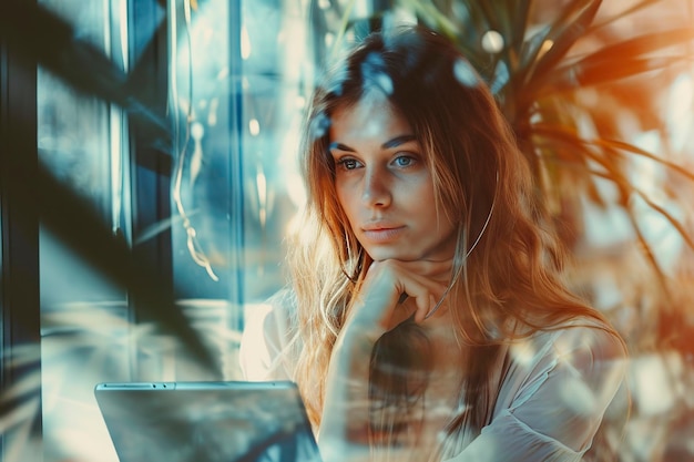 une belle femme regardant sa propre image à travers le verre.