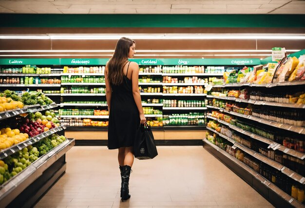 Photo la belle femme regarde les étagères pour acheter quelque chose au supermarché.