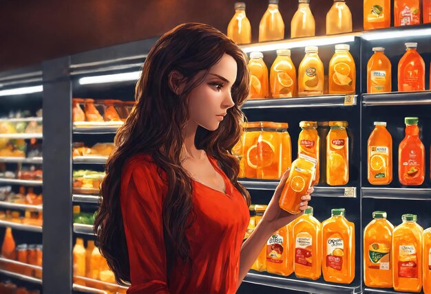 La belle femme regarde les étagères pour acheter quelque chose au supermarché.