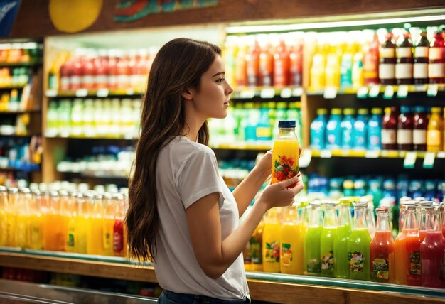 La belle femme regarde les étagères pour acheter quelque chose au supermarché.