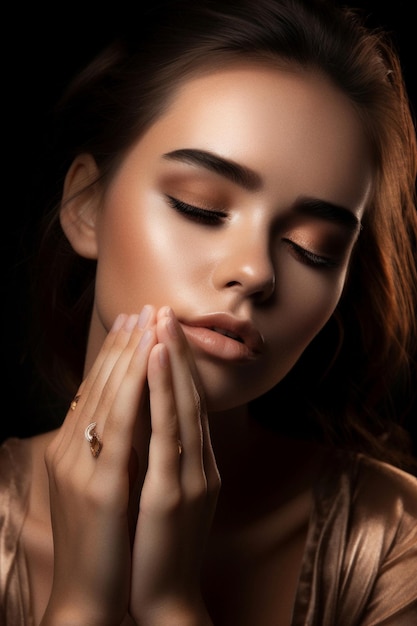 Une belle femme regarde son visage avec ses mains devant une œuvre d'art aigenerated