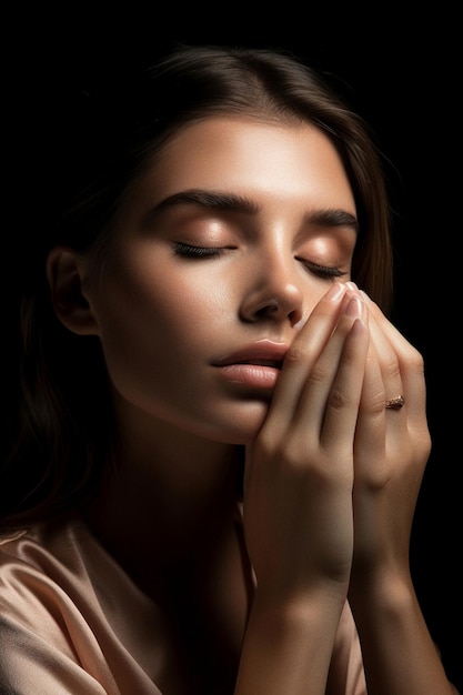 Une belle femme regarde son visage avec ses mains devant une œuvre d'art aigenerated