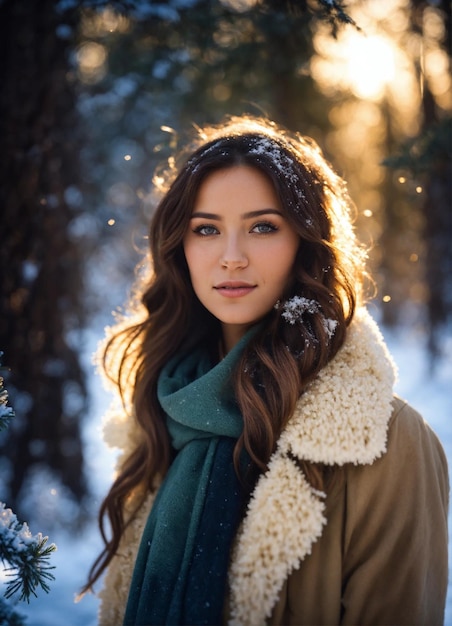 Une belle femme rencontre l'aube dans la forêt de pins d'hiver en gros plan photo du visage
