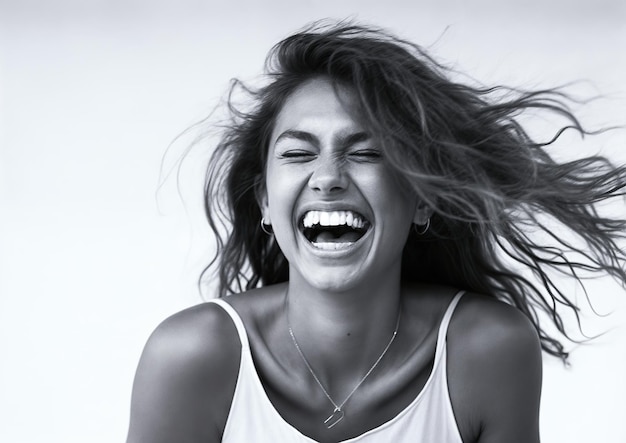Une belle femme riant avec ses cheveux soufflés par le vent, fond blanc.