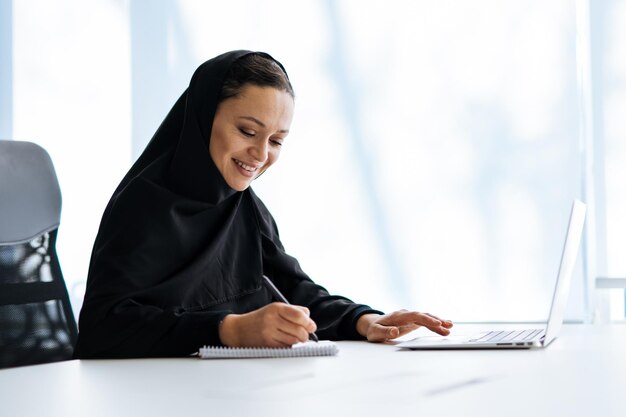 Belle femme avec une robe abaya travaillant sur son ordinateur. Employée d'âge moyen au travail dans un bureau d'affaires à Dubaï. Concept sur les cultures et le mode de vie du Moyen-Orient