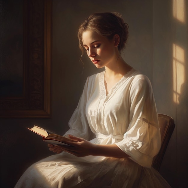 une belle femme en robe blanche lit un livre