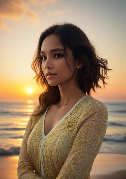 Belle femme en robe de couleur claire sur la plage avec coucher de soleil Generative AI