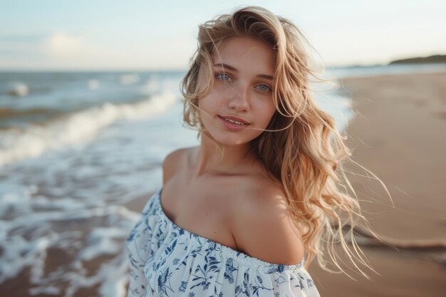 Photo une belle femme en robe d'été sur la plage ai générative