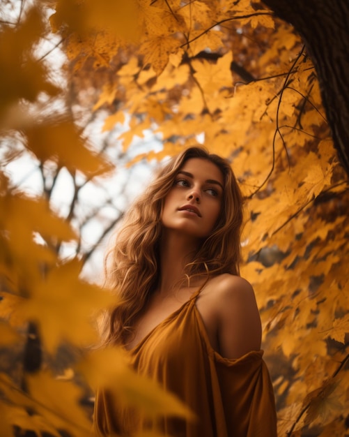 une belle femme en robe jaune se tient au milieu d'une forêt d'automne