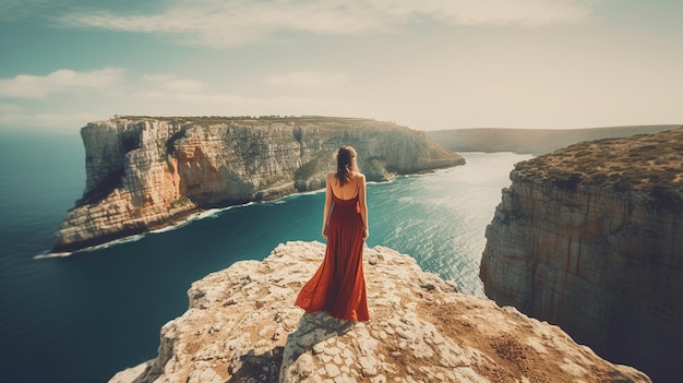 Belle femme en robe longue rouge debout sur la falaise et regardant l'ai oceangenerative