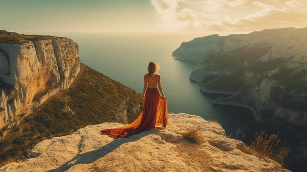 Belle femme en robe longue rouge debout sur la falaise et regardant l'ai oceangenerative