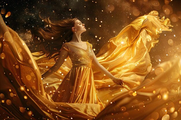 Une belle femme en robe d'or regardant les étoiles