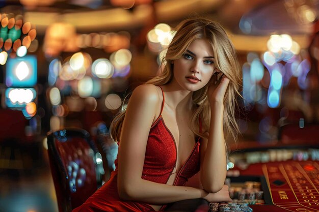 une belle femme en robe rouge jouant au casino