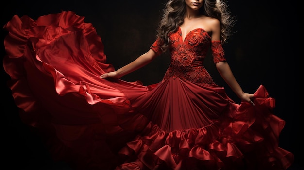 belle femme avec une robe rouge et de longs cheveux rouges