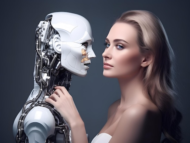 Belle femme et robot IA Concept d'affection ou de relations amoureuses humaines et robotiques