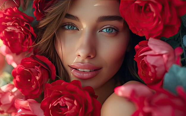 Photo une belle femme avec des roses rouges photo de publicité professionnelle générée par ai
