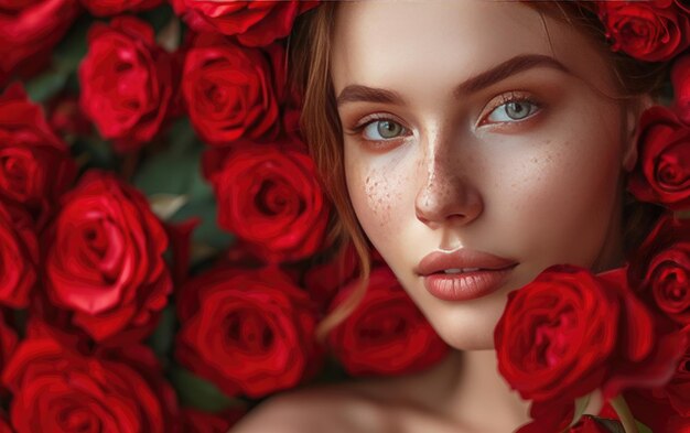 une belle femme avec des roses rouges photo de publicité professionnelle générée par ai