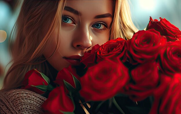 Photo une belle femme avec des roses rouges photo de publicité professionnelle générée par ai