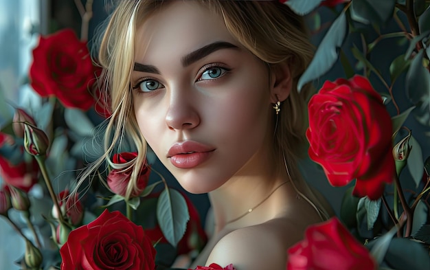 une belle femme avec des roses rouges photo de publicité professionnelle générée par ai