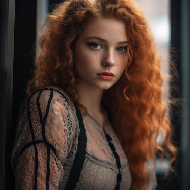 Photo une belle femme rousse aux longs cheveux bouclés