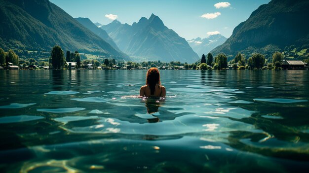 Photo une belle femme se détend dans un lac.