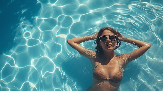 Une belle femme se détend dans une piscine d'un hôtel de luxe.