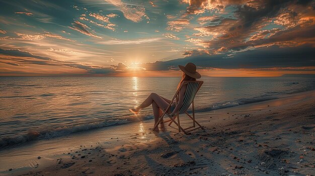 Une belle femme se détend sur la plage au coucher du soleil.