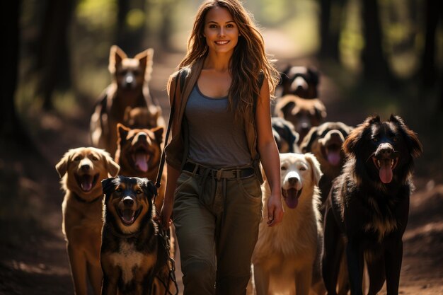 Une belle femme se promène à côté d'un groupe de gros chiens parfait pour promouvoir les services liés aux chiens