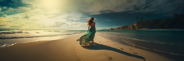 Photo une belle femme se promène sur une plage tropicale.