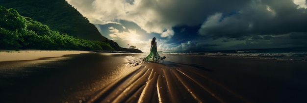 Une belle femme se promène sur une plage tropicale.