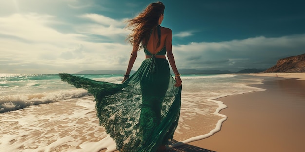 Une belle femme se promène sur une plage tropicale.