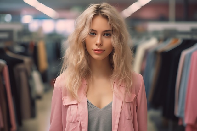 Une belle femme se tient devant le magasin de vêtements