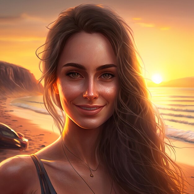 Belle femme selfie sur l'image de fond coucher de soleil plage