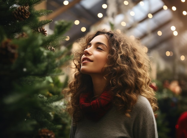 Belle femme sentant l'arbre de Noël au magasin de vacances