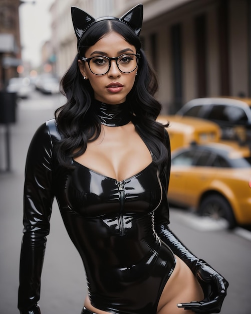 Une belle femme sexy dans un costume de chat en latex noir.