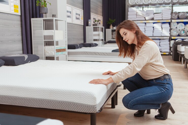 Belle femme shopping pour matelas orthopédique